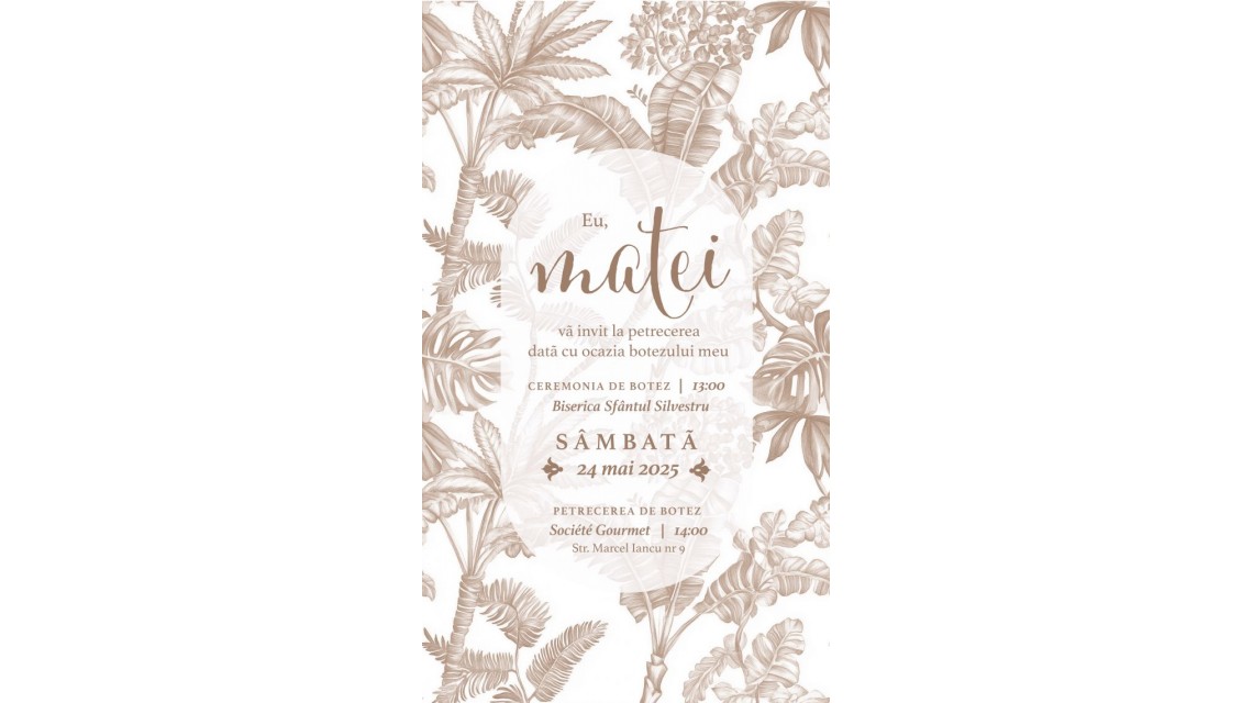 Invitație digitală botez băiat Safari Jungle Light Cream Animale junglă și frunze delicate Invitație electronică personalizată 1